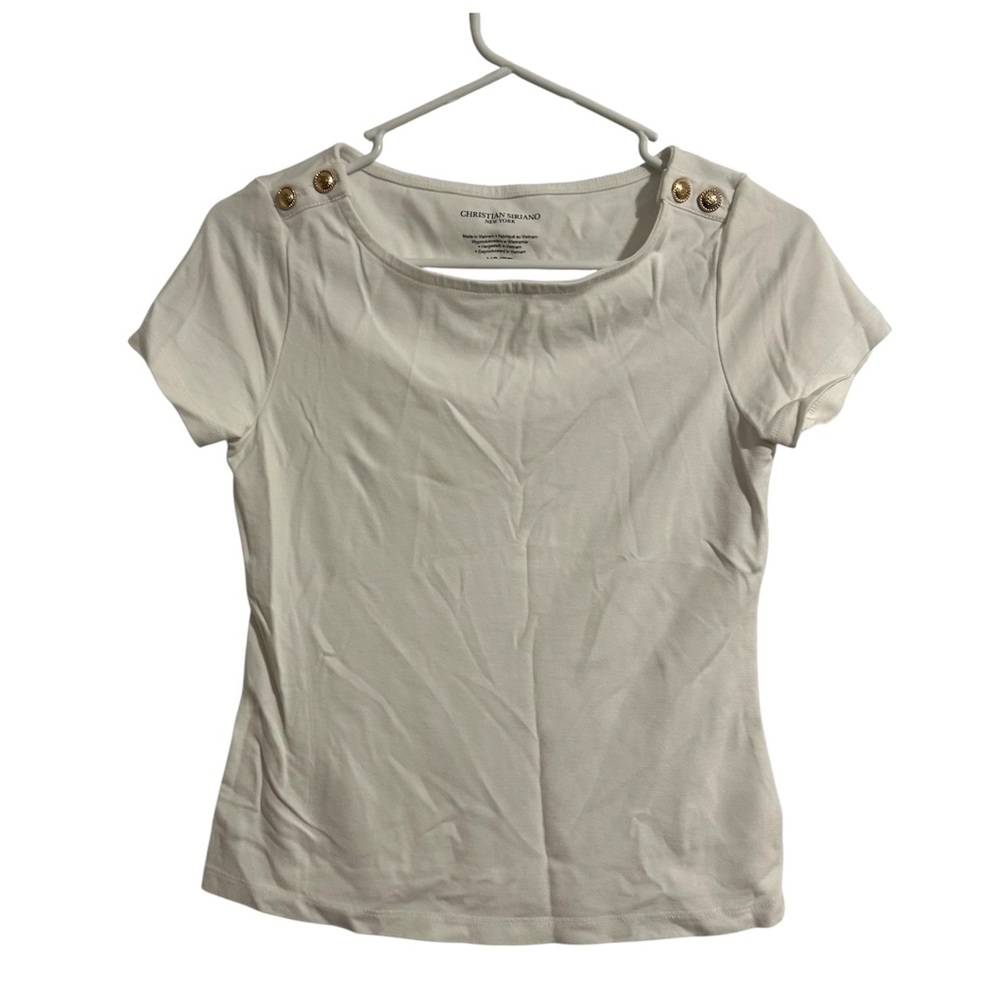 Christian Siriano White Short Sleeve Crew Neck Gold Shoulder Buttons Top Blouse